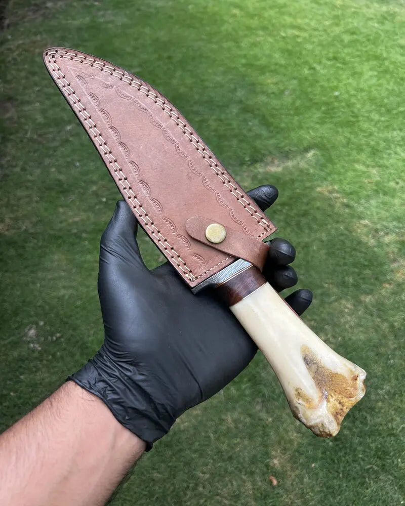 Custom Damascus Blade Knife with Tribal Carved Bone Handle & Protective Sheath - PhishStones Products