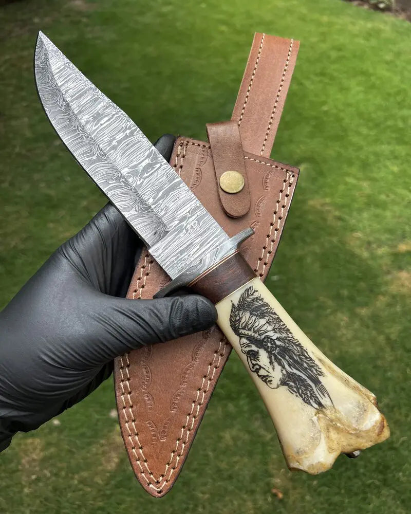 Custom Damascus Blade Knife with Tribal Carved Bone Handle & Protective Sheath - PhishStones Products