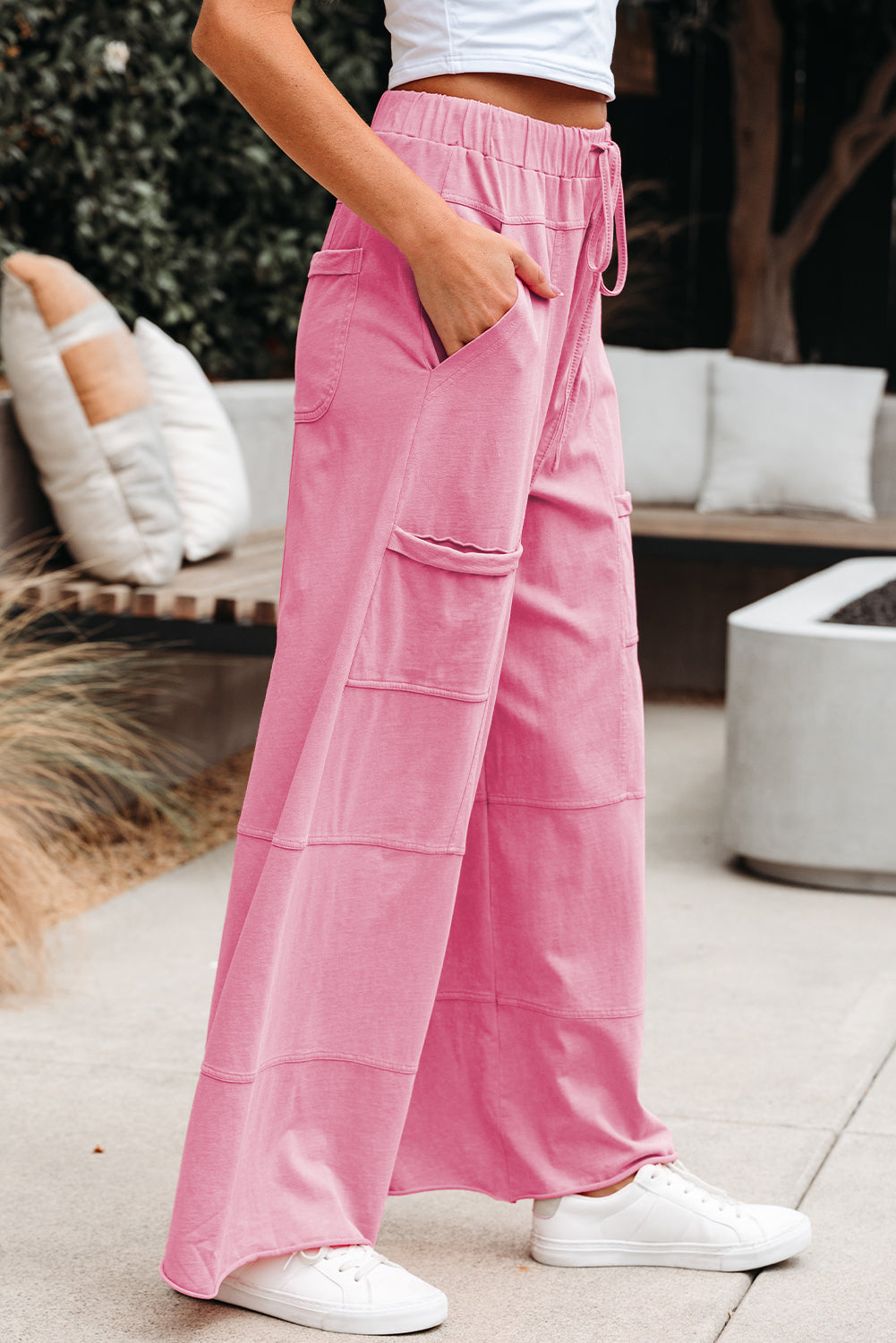 Smoke Gray Mineral Wash Exposed Seam Drawstring Elastic Waistband Wide Leg Cargo Pants