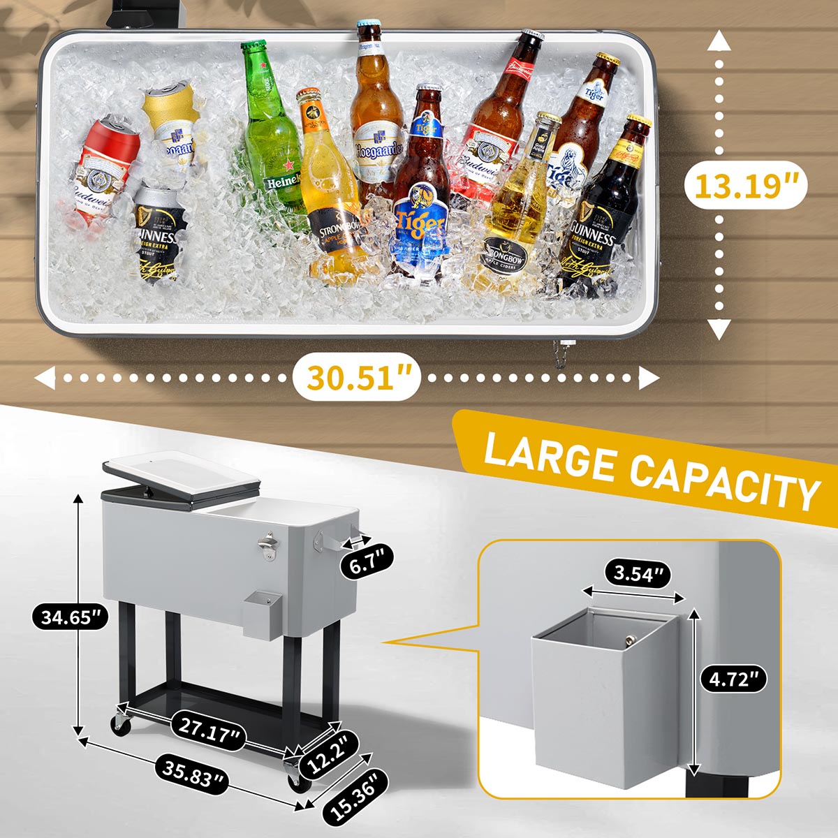 Yescom 80QT Beverage Cooler Cart on Wheels Drinks Storage
