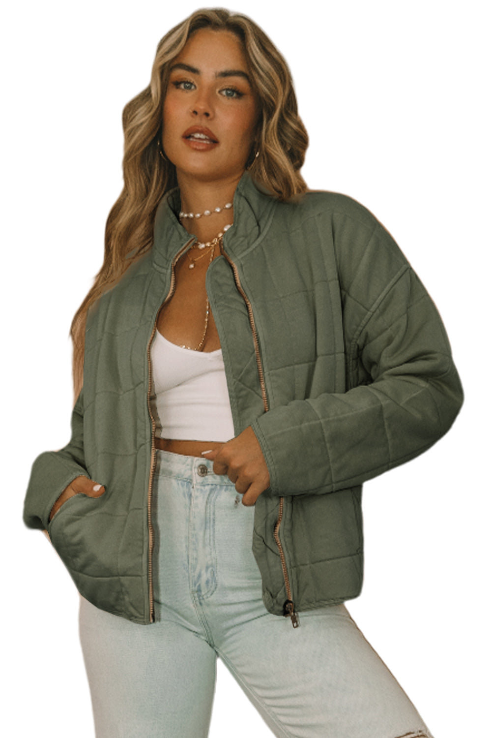 Khaki Zip-Up Pocket Quilted Jacket