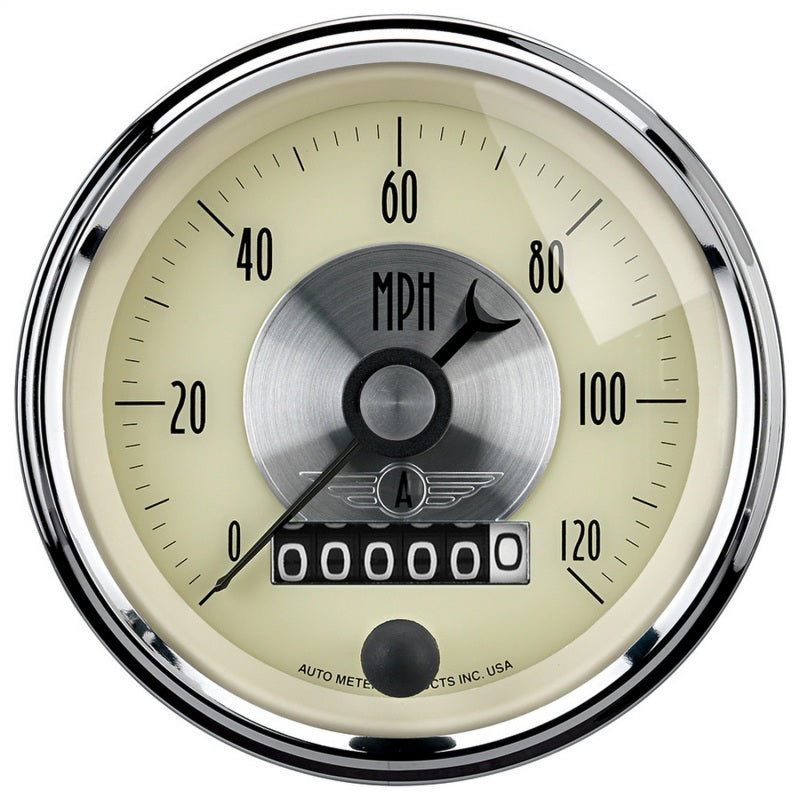 AutoMeter Gauge Speedo 3-3/8in. 120MPH Elec. Program W/Wheel Odo Prestige Antq. Ivory 2089