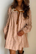 Khaki Velvet Bow Front Floral Print Long Sleeve Short Dress