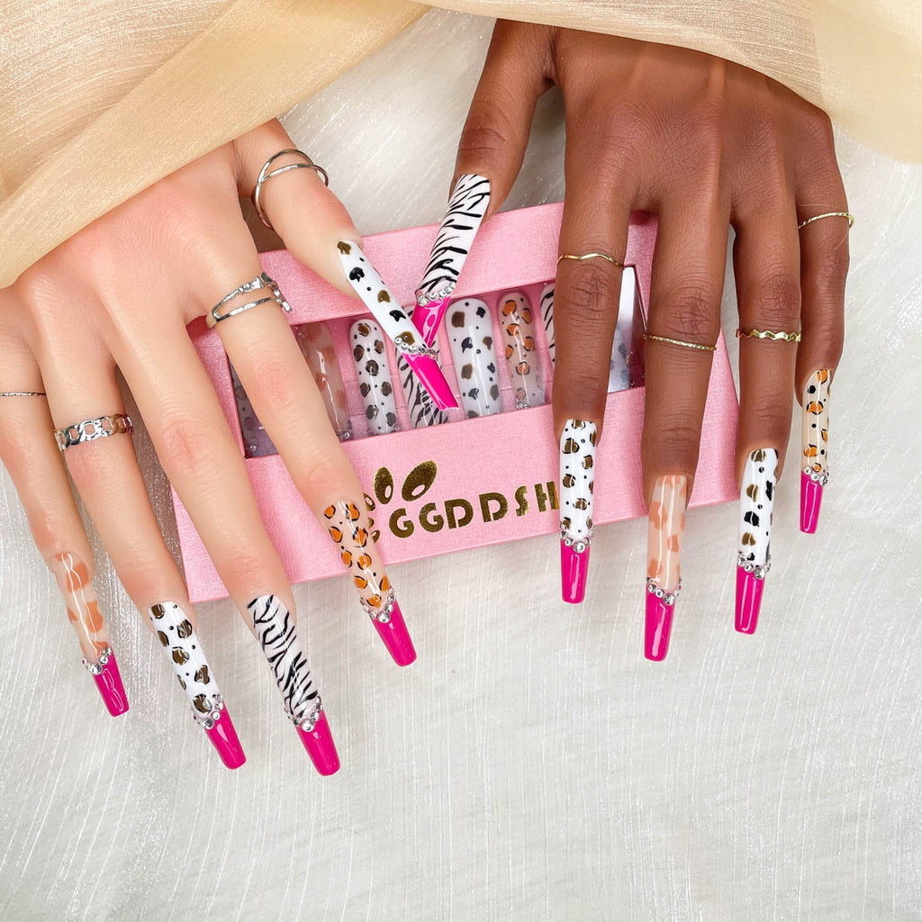 GGDDSHA Nails 10pcs Handmade Press On Nails -GlitterGold Diamond Extra Long Stiletto Reusable Gel UV FinishedFalse Nails, Designer Fashion 3D Hand-painted Nails ,Diamond Zebra