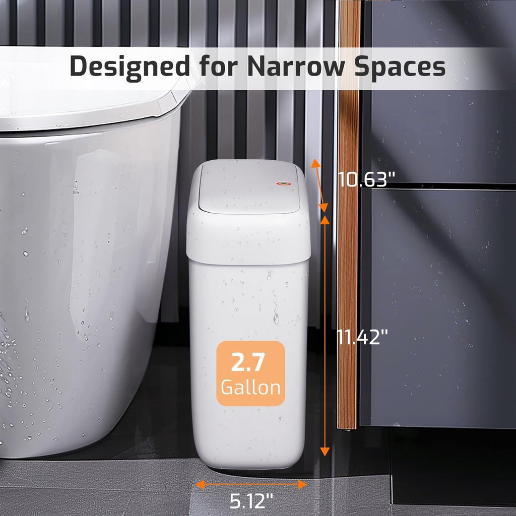 MOPALL Small Bathroom Trash Can with Lid, 2.6 Gallons / 10 L Slim Plastic Garbage Bin with Pop-Up Lid, Mini Waste Basket Can Dog Proof for Kitchen, Bedroom, Office, Laundry, Toilet, Rv, White