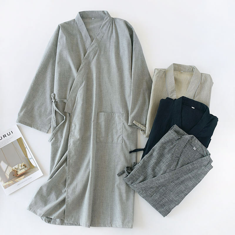 Men's Nightgown Woven Cotton Mid-length Home Bathrobe