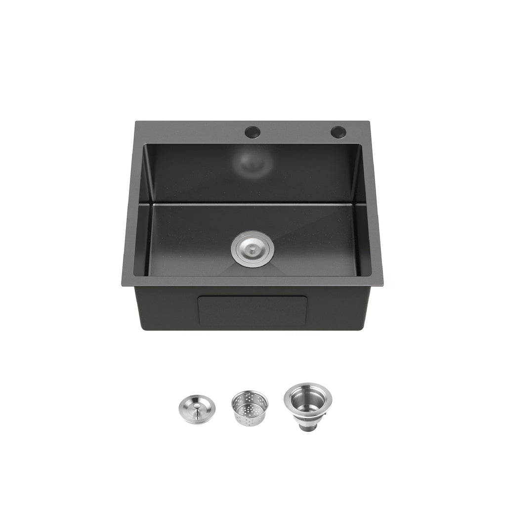 Stainless Steel Kitchen Sink, 23″x19″ Single Bowl, Undermount Handmade Sink in Black, with US Standard Drain and Hook, LS-SSBL02