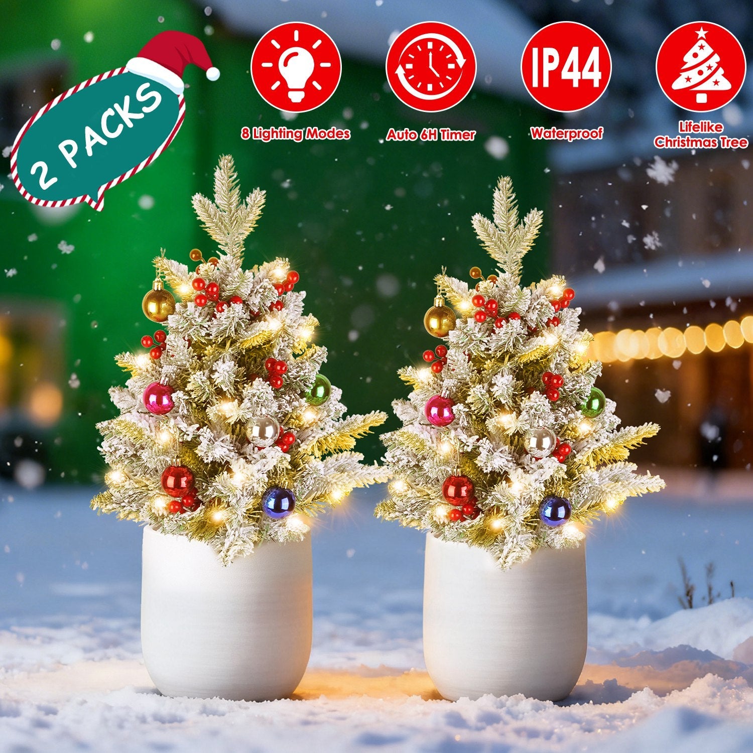 2Pcs Battery Powered Lighted Christmas Tree Urn Filler With Light Artificial Xmas Trees Light with Berries Balls LED Pathway Pine Tree IP44 Waterproof