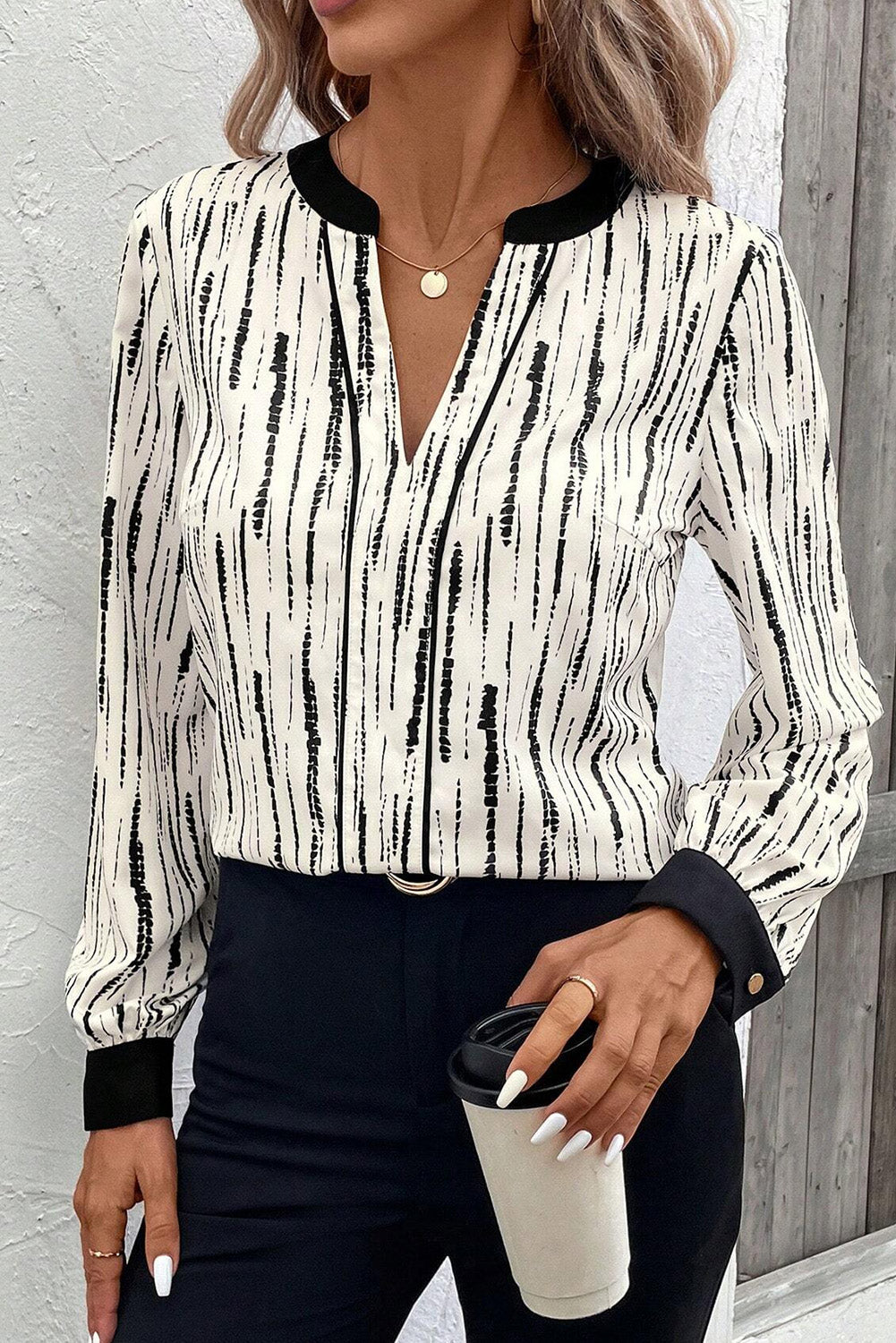 White Abstract Print V-neck Long-sleeve Blouse
