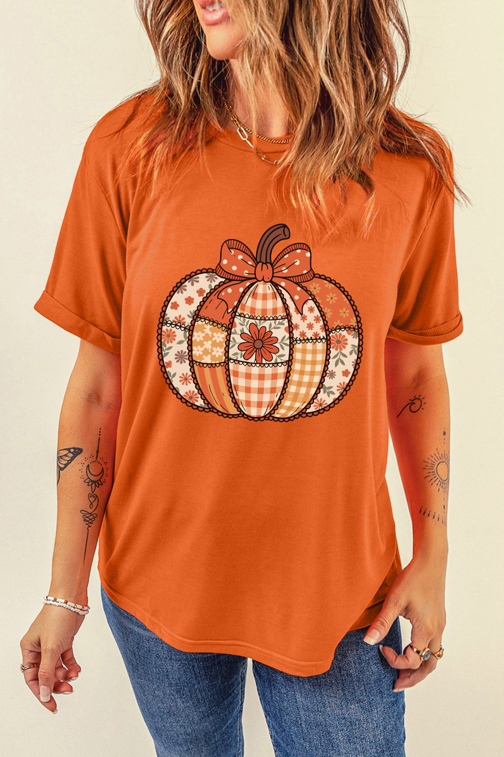 Orange Patchwork Pumpkin Graphic Print Crewneck  T-Shirt