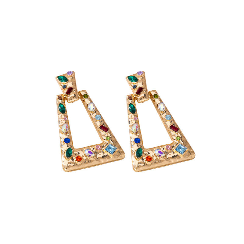 Luxury Exaggerated Geometric Drop Earrings For Women, Vintage High-End Statement Earrings With Multicolor Rhinestones