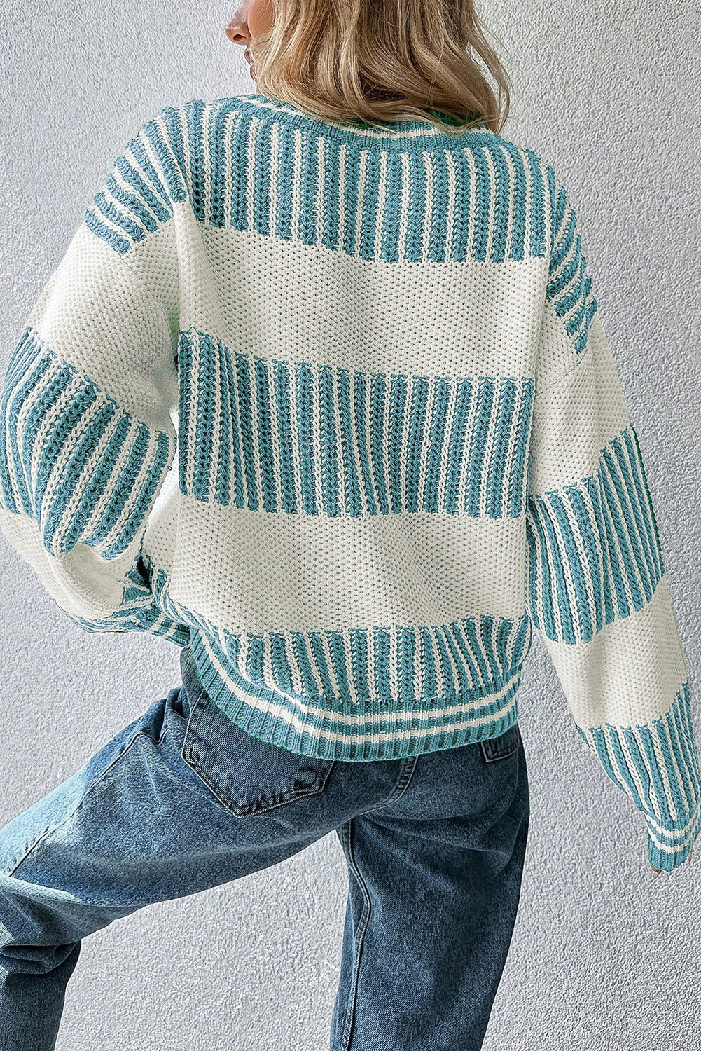 Khaki Two Tone Striped Patchwork Drop Shoulder Loose Sweater