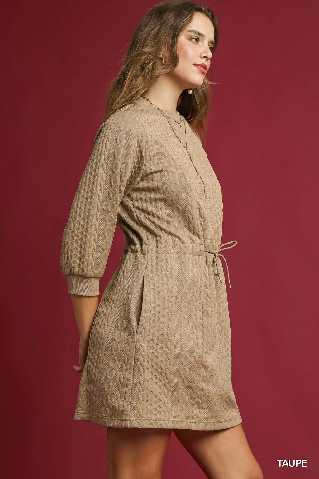 Umgee Drawstring Cable Knit Mini Dress with Pockets