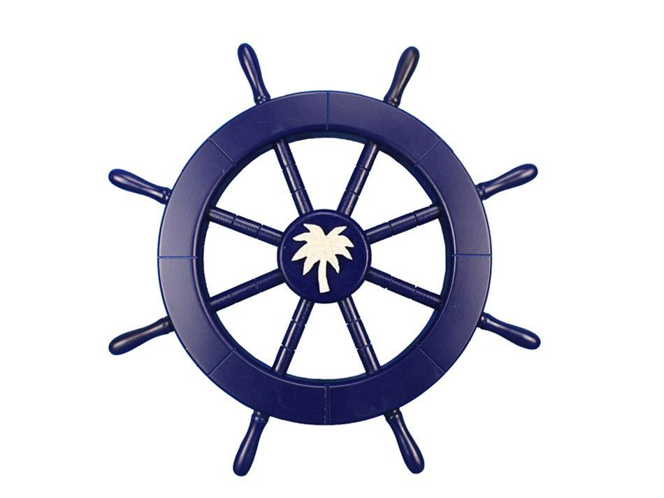 Dark Blue Decorative Ship Wheel with Palm Tree 18""