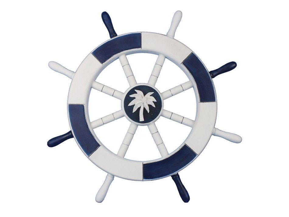 Dark Blue and White Decorative Ship Wheel with Palm Tree 18""