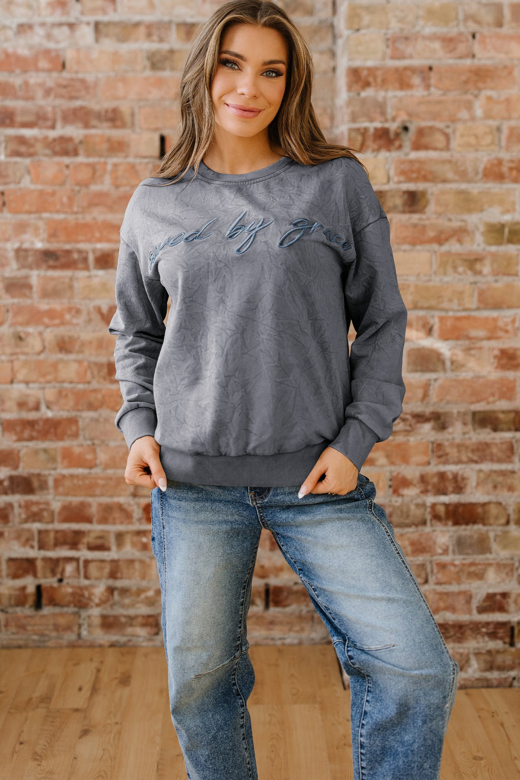 High-rise saved by grace Letter Embroidery Mineral Wash Loose Sweatshirt