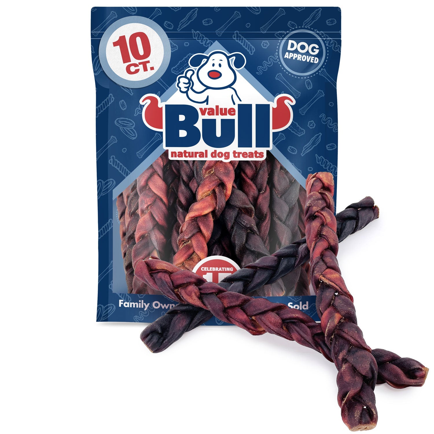 ValueBull USA Beef Collagen Braid Large Dog Chews, Thick 12 Inch 10 Count