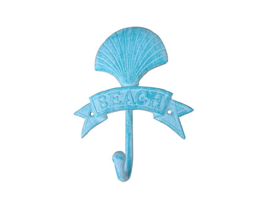 Rustic Light Blue Whitewashed Cast Iron Seashell Beach Hook 8""