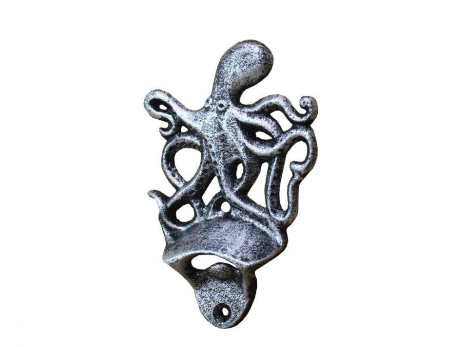 Antique Silver Cast Iron Wall Mounted Octopus Bottle Opener 6""