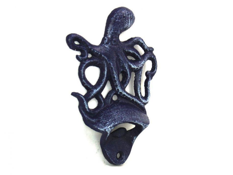 Rustic Dark Blue Cast Iron Wall Mounted Octopus Bottle Opener 6""
