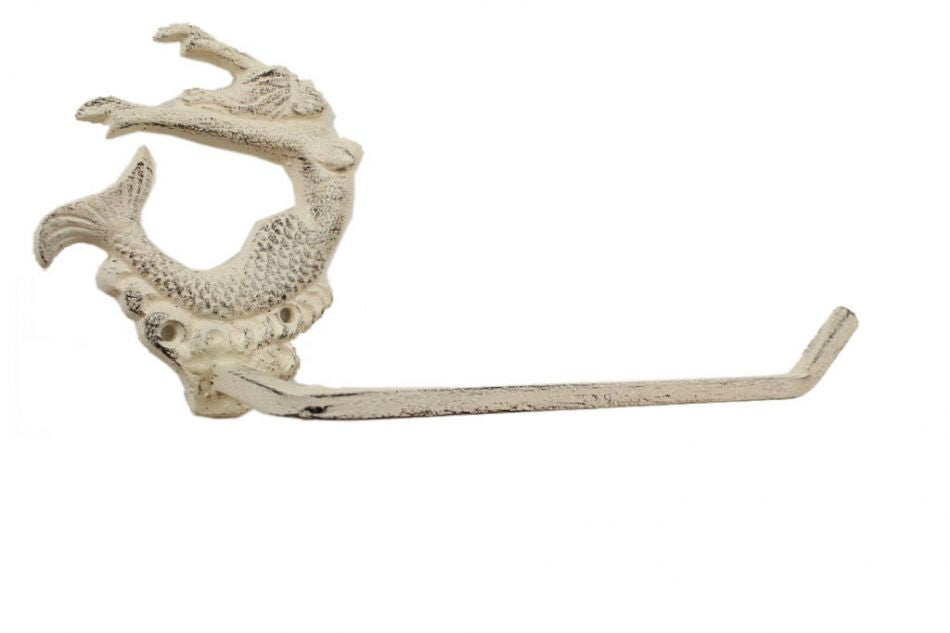 Whitewashed Cast Iron Decorative Arching Mermaid Toilet Paper Holder 11""