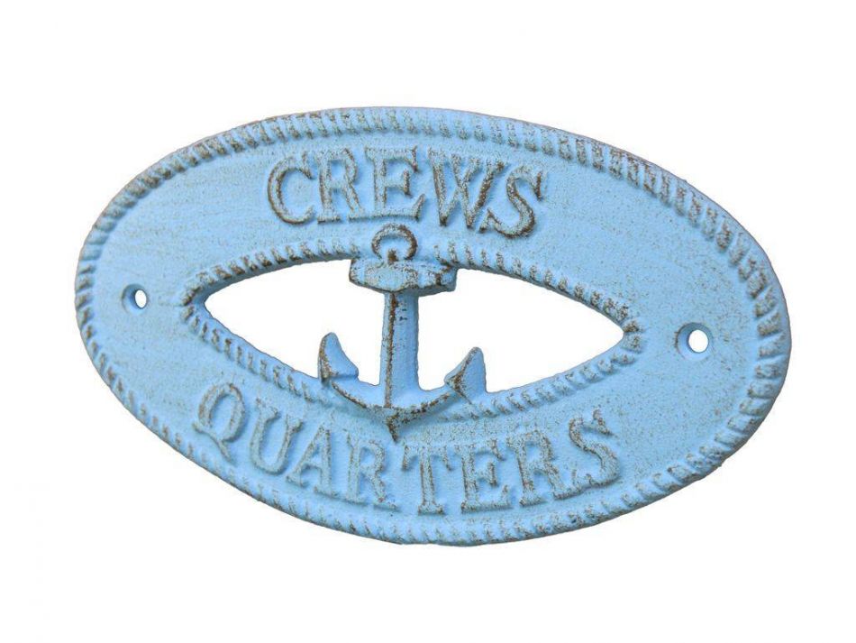 Rustic Light Blue Cast Iron Crews Quarters with Anchor Sign 8""