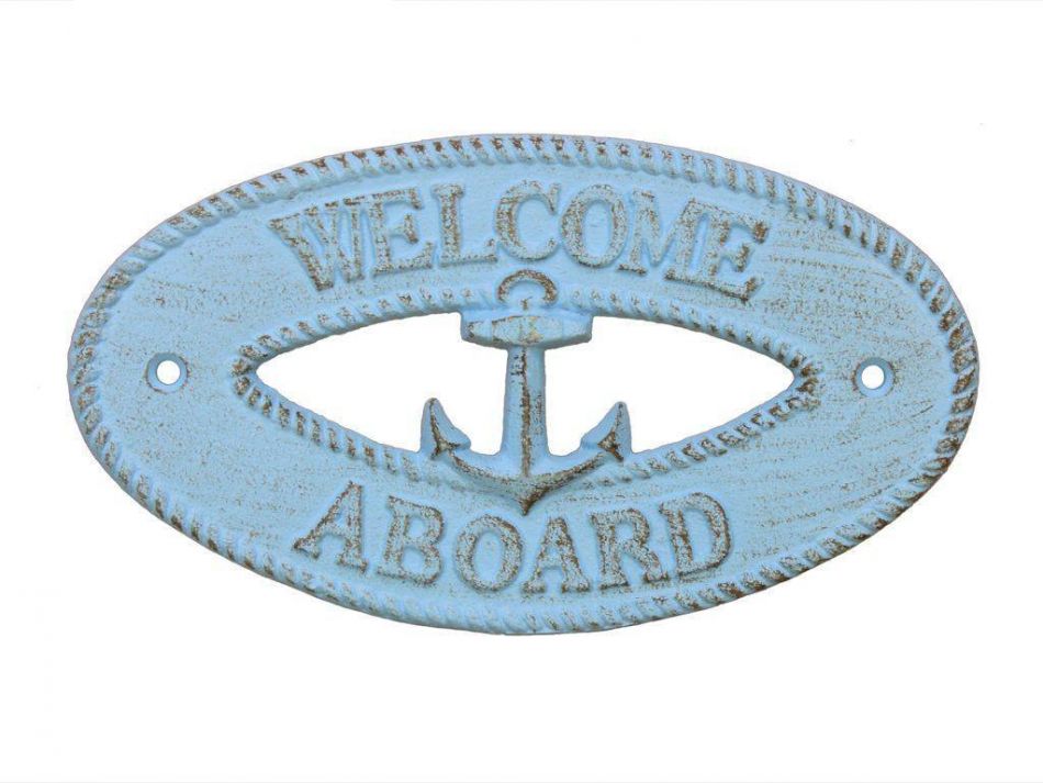 Rustic Light Blue Cast Iron Welcome Aboard with Anchor Sign 8""