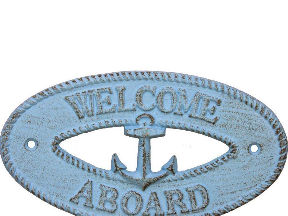 Rustic Light Blue Cast Iron Welcome Aboard with Anchor Sign 8""