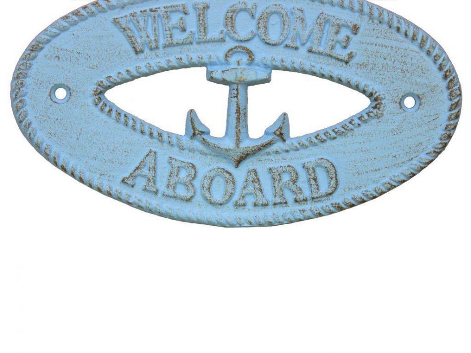 Rustic Light Blue Cast Iron Welcome Aboard with Anchor Sign 8""