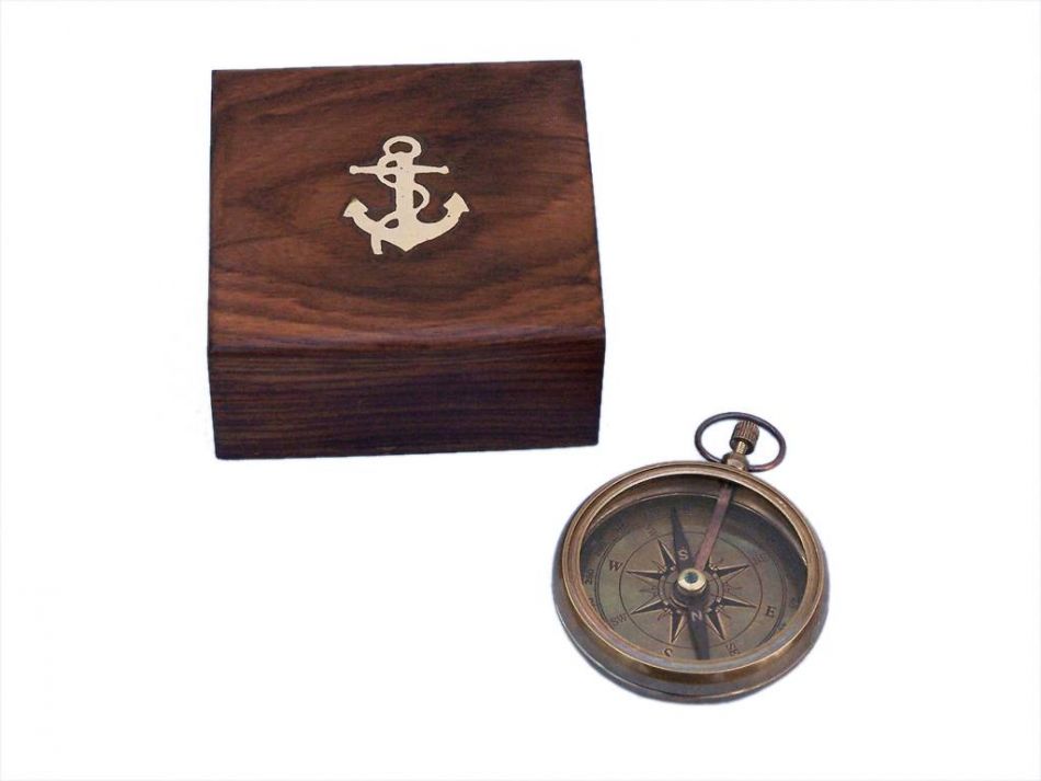 Antique Brass Beveled Lensatic Compass w/ Rosewood Box 4""