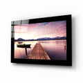 Green Boat Mountain Lake Glass Wall Art