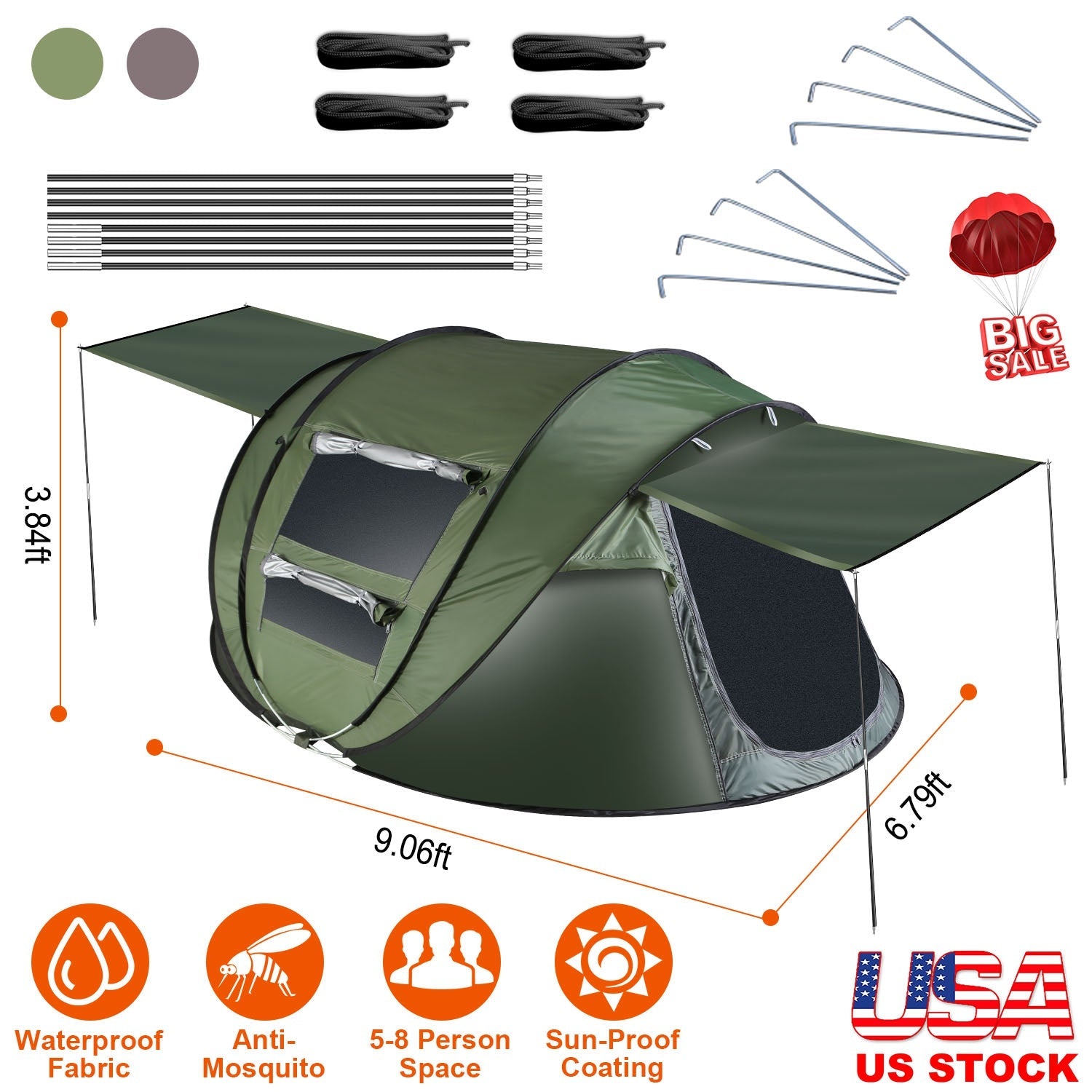 3-4 Person Pop Up Tent Automatic Setup Camping Tent Waterproof Instant Setup Tent with 2 Mosquito Net Windows Carrying Bag for Hiking Climbing Adventu