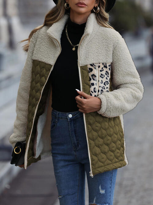 Unique Autumn Leopard Color Block Zip-Up Jacket Trendy Lightweight Jacket with Pockets Charming Winter Jacket