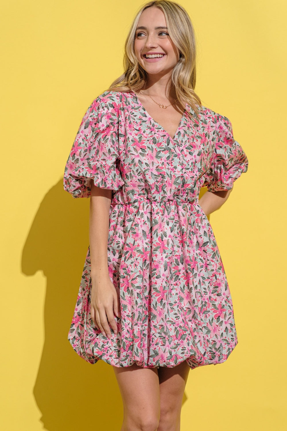 Full Size Floral Surplice Puff Sleeve Dress – Feminine Floral Dress, Surplice Neckline Dress, Puff Sleeve Dress, Elegant Floral Dress, Romantic Party Dress, Charming Floral Dress, Versatile Dress for Every Occasion