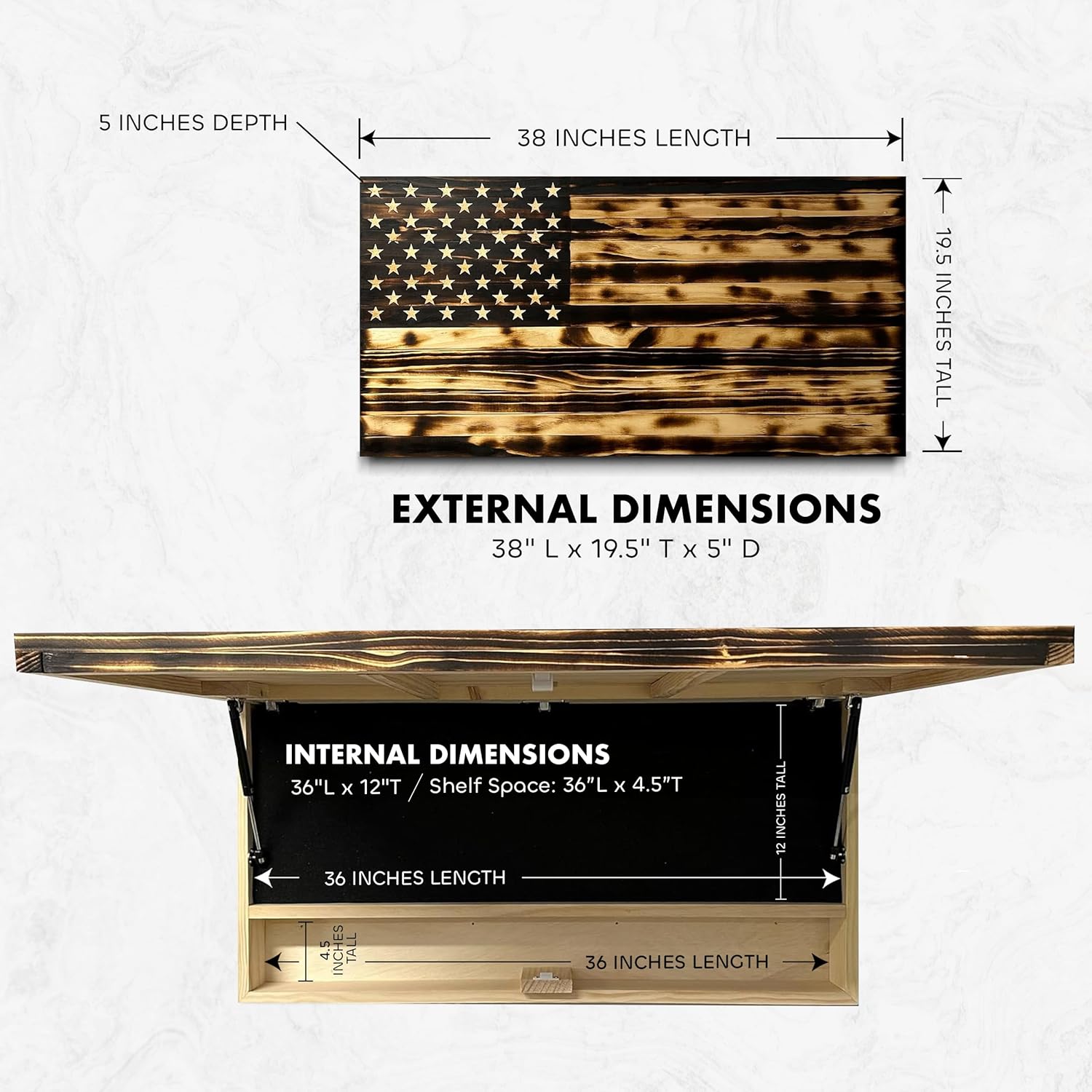 Burnt finish large American flag gun safe by Bellewood Designs with magnetic lock, concealed storage for rifles, shotguns, and handguns.