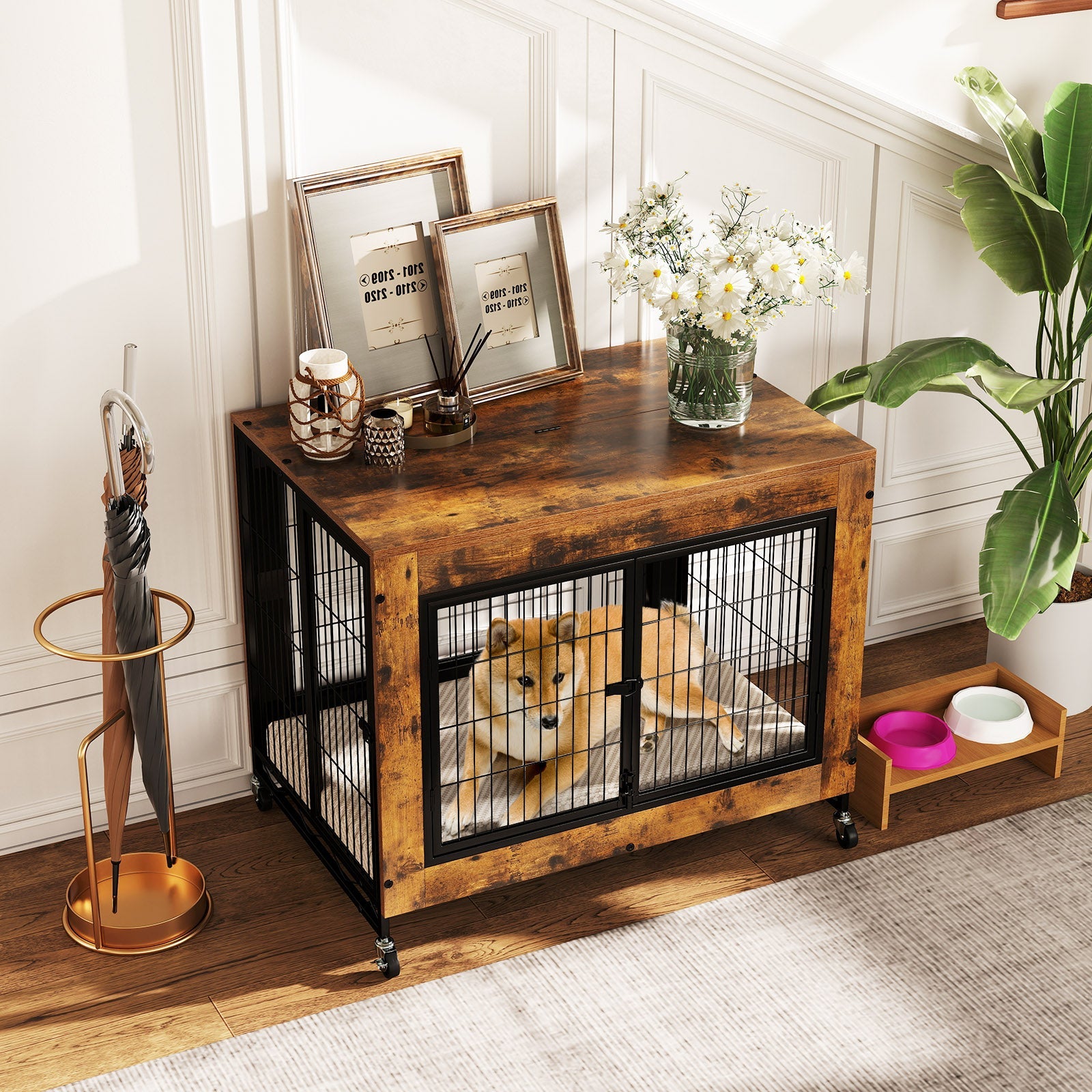 Industrial Dog Kennel with Flip-up Top 3 Lockable Doors and Removable Tray-Rustic Brown