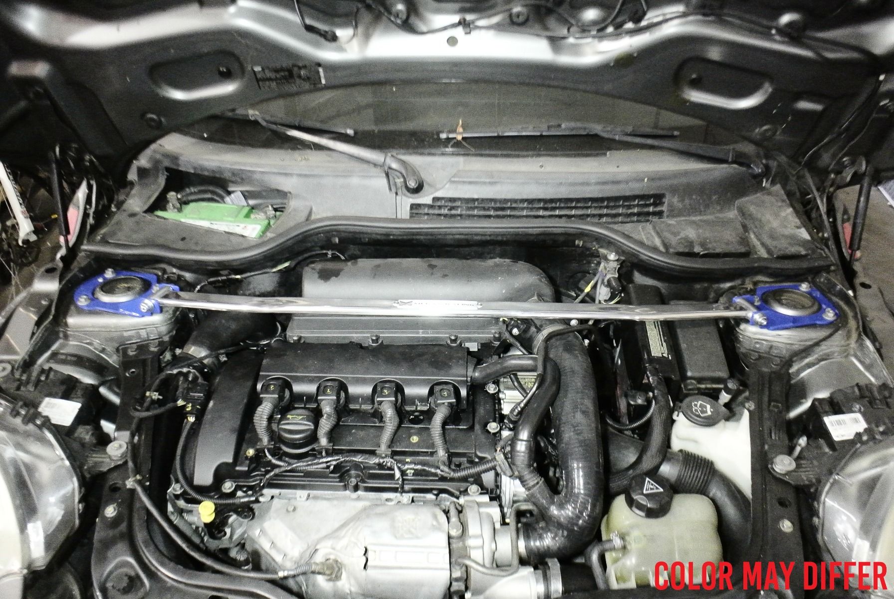 Megan Racing Strut Bar Front Upper for Mini Cooper 2008-2014 Race Spec Powdercoated Steel Base Polished Aluminum - MR-SB-MC08FU-1P