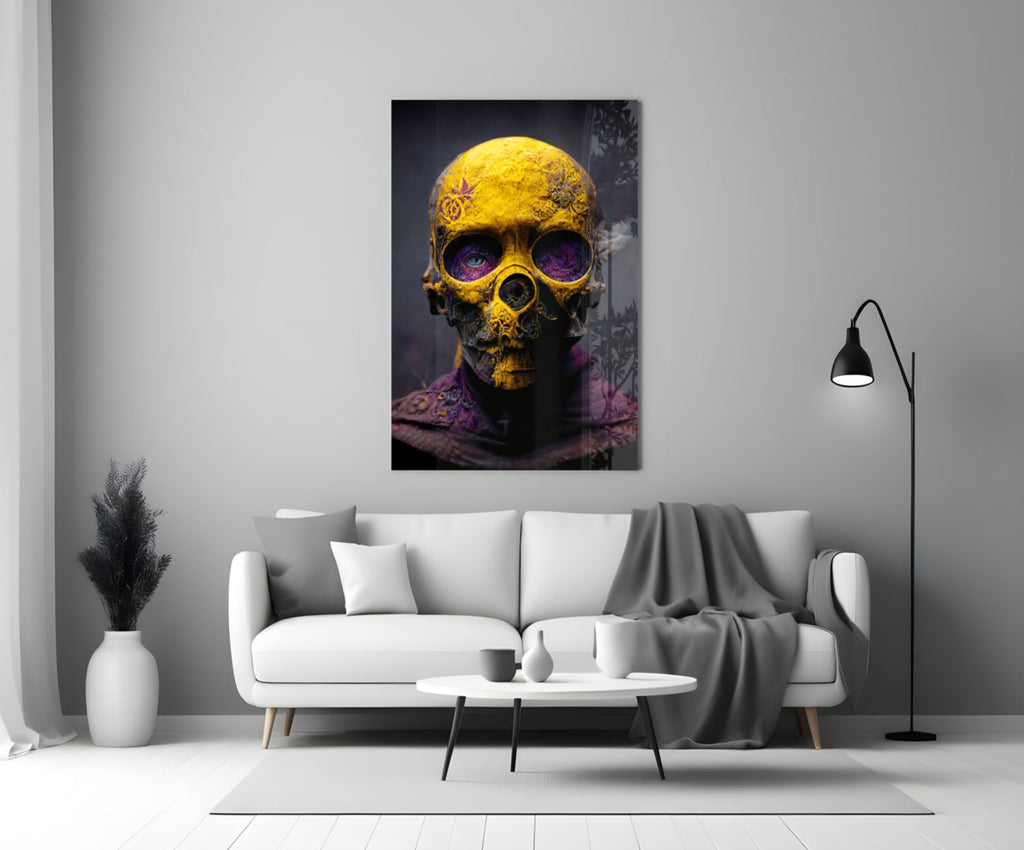 Yellow Skull In Purple Hooded Robe Glass Wall Art