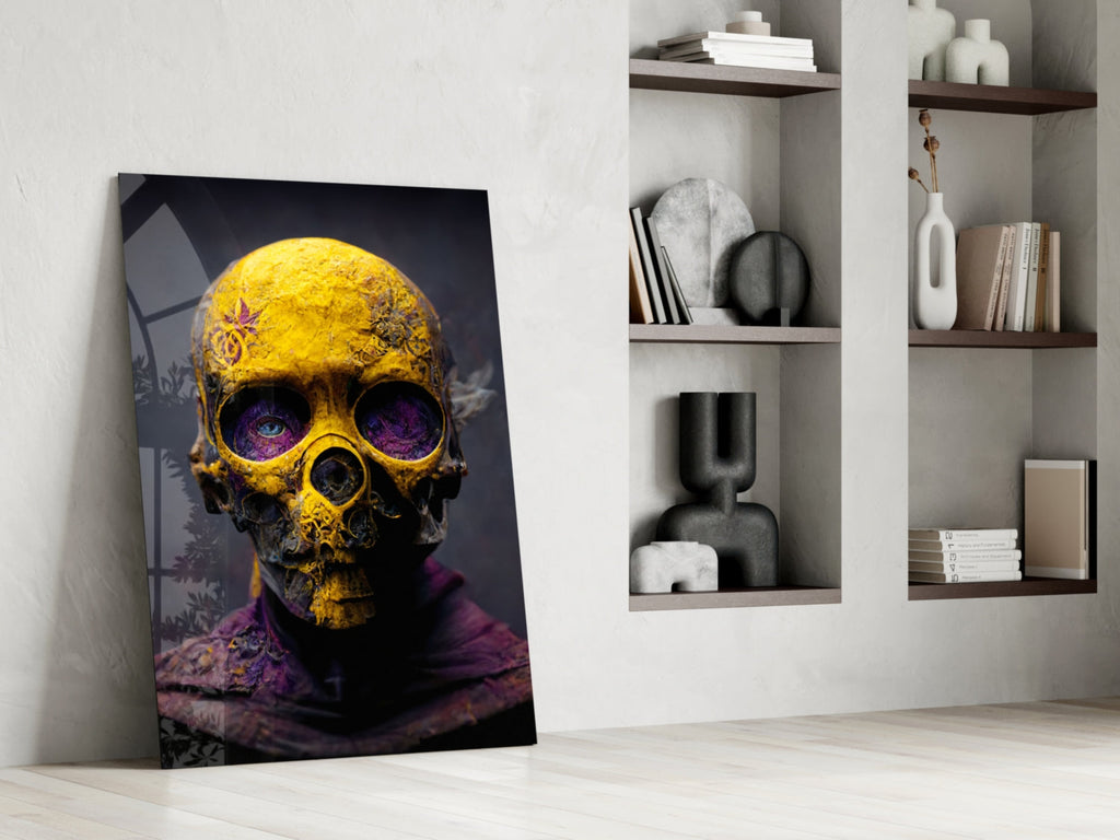 Yellow Skull In Purple Hooded Robe Glass Wall Art