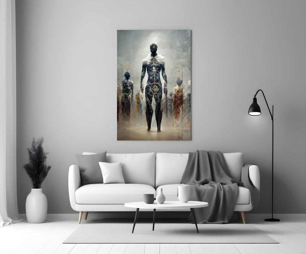 Misty Blue Ethereal Walking Figures Glass Wall Art