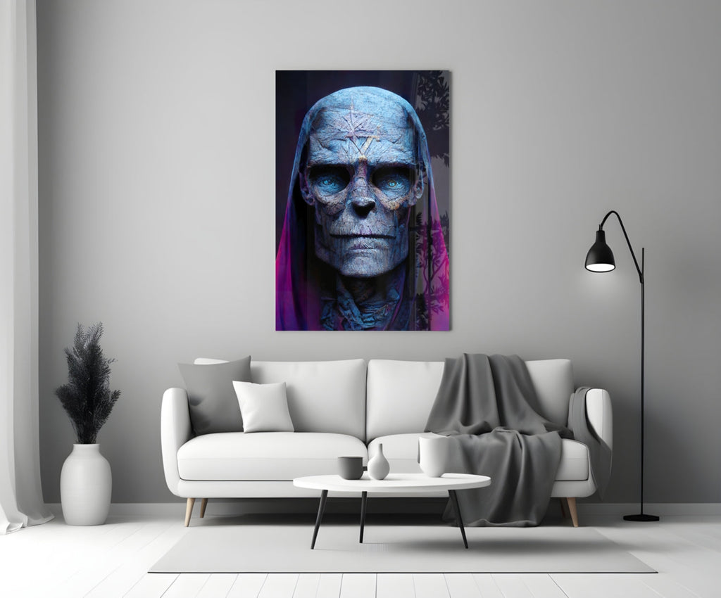 Blue Skull Elder In Magenta Veil Glass Wall Art