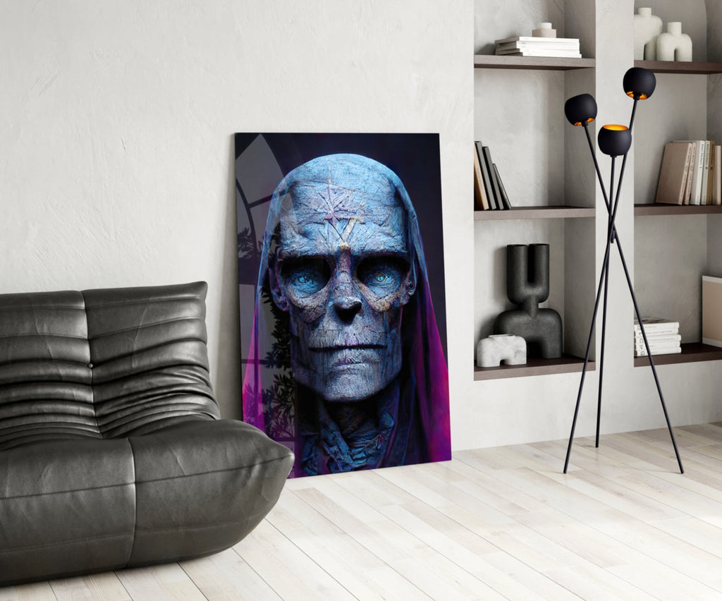 Blue Skull Elder In Magenta Veil Glass Wall Art