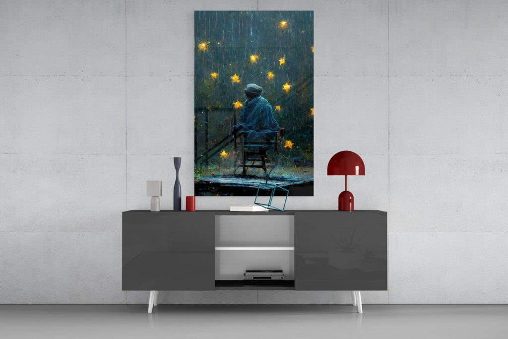 Rainy Night Glowing Stars Seated Man Glass Wall Art