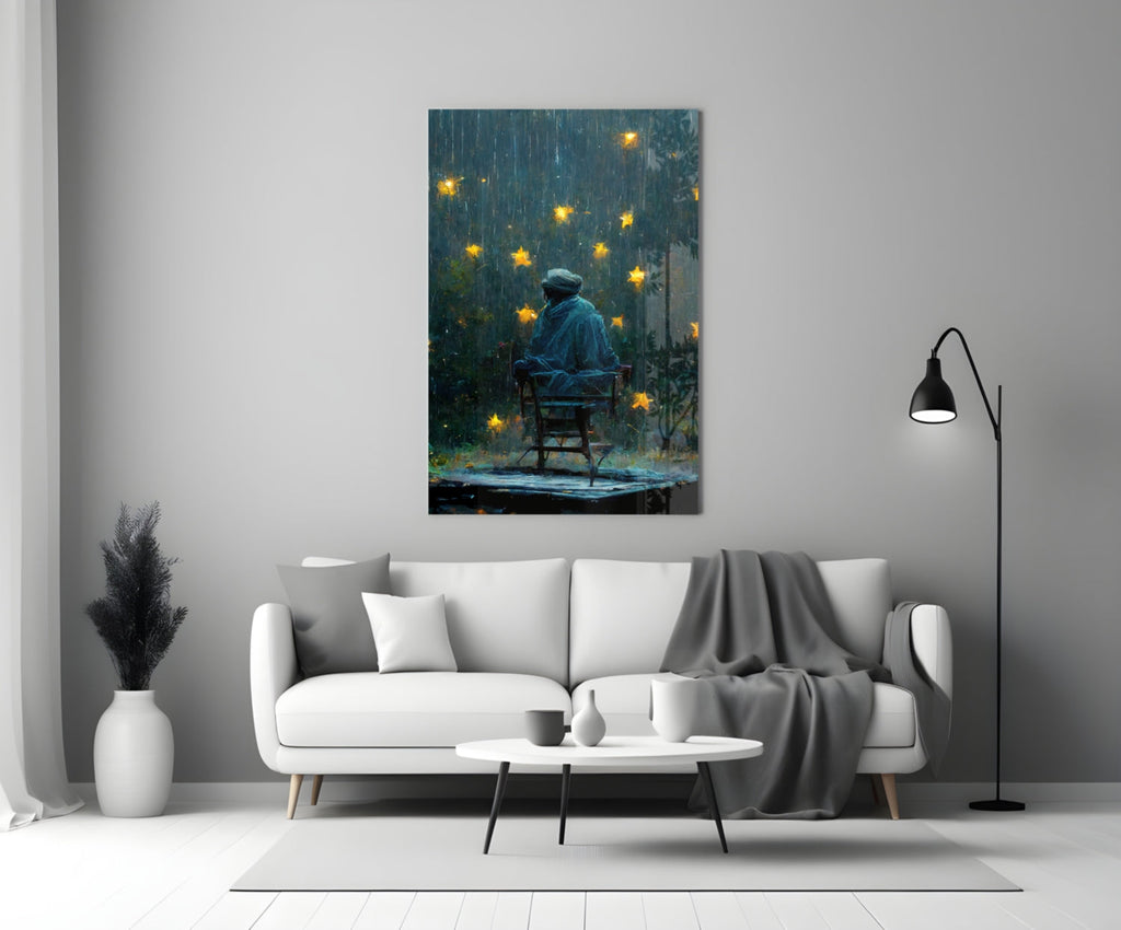 Rainy Night Glowing Stars Seated Man Glass Wall Art