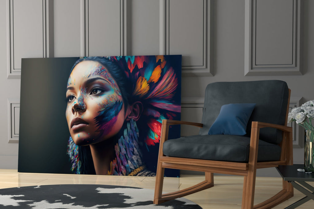 Rainbow Feather Headdress Painted Woman Glass Wall Art