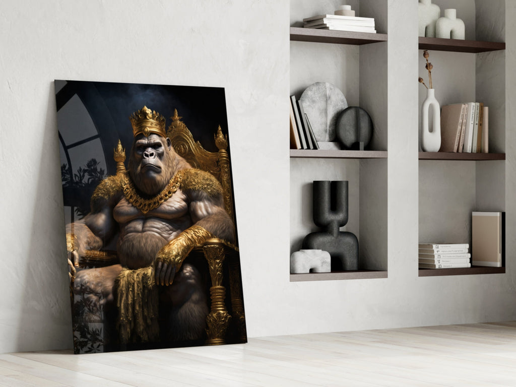 Gorilla King In Gold Robe On Throne Glass Wall Art