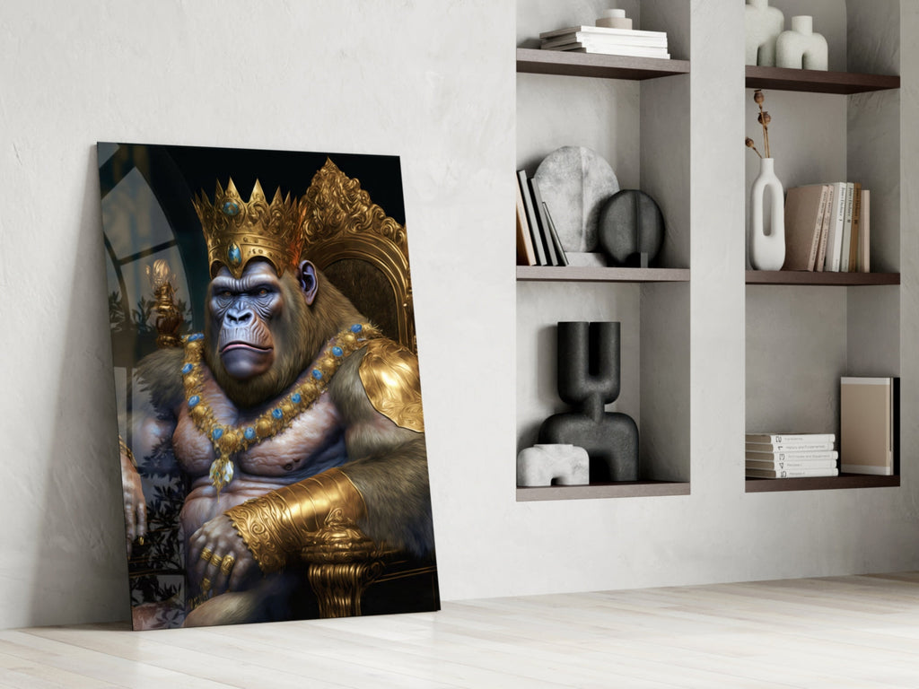 Jeweled Crown Gorilla In Gold Armor Glass Wall Art