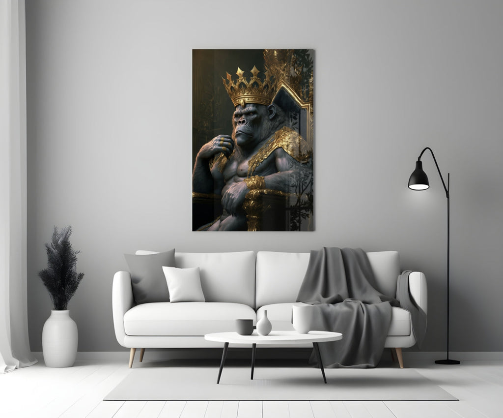 Crowned Gorilla On Golden Throne Glass Wall Art