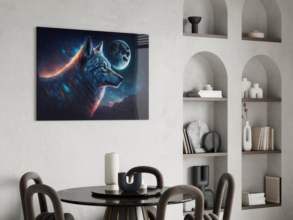 Blue Galaxy Wolf Profile Full Moon Glass Wall Art