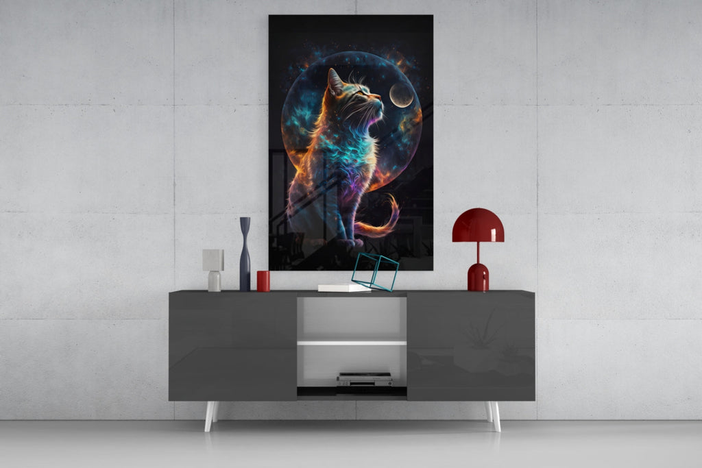Nebula Fur Cat With Crescent Moon Glass Wall Art